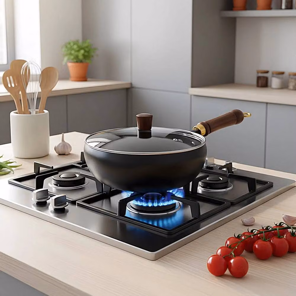 PAWNORA Cast Iron Wok Deep Cooking Fry Pan with Glass Lid, Black, Diameter: 28 cm – 5