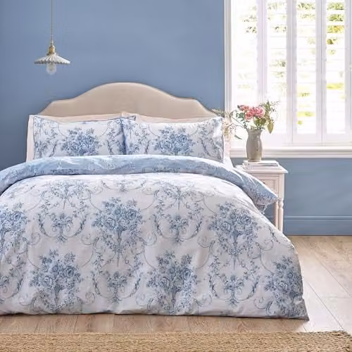 Catherine Lansfield Antoinette Blue Damask Double Duvet Cover and Pillowcase Set, W/D/H: 200 x 200 cm and 50 x 75 cm