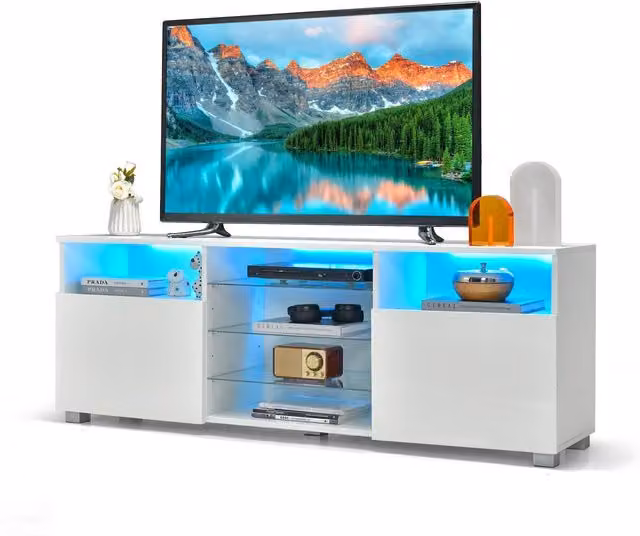 Costway Modern White 2-Door TV Stand with Integrated LED Lights and Glass Details for TVs up to 65 inch – 1