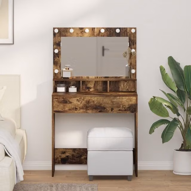Berkfield Home Modern Smoked Oak Vanity Table with LED Mirror in Brown, W/D/H: 75.5 x 41 x 135 cm