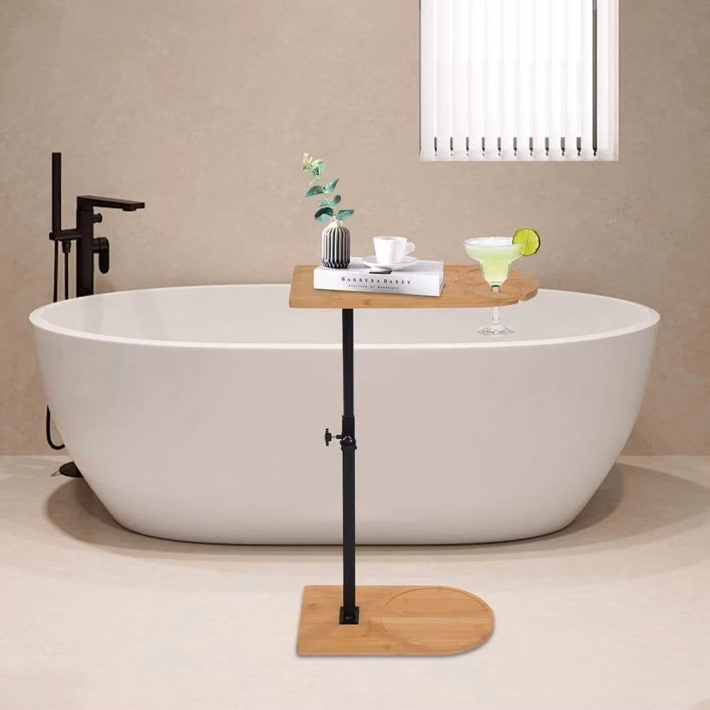 KORVIXA Brown C-Shaped Bamboo Side Table and Adjustable Bathtub Tray – 2