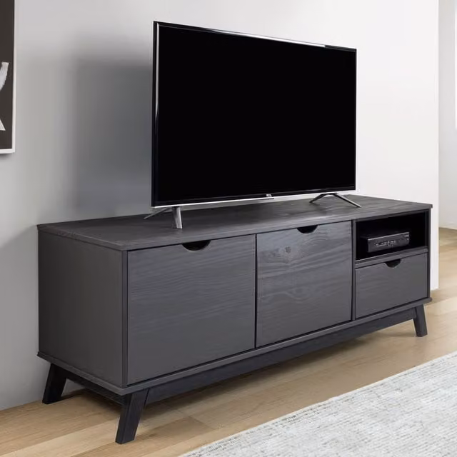 Mercers Furniture Scandian Modern Widescreen TV Unit in Grey Solid Pine Wood, W: 141.0 cm, D: 37.0 cm, H: 51.0 cm