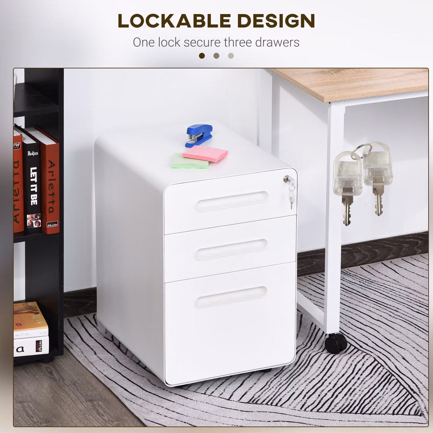 Vinsetto White 3-Drawer Lockable All-Metal Mobile Rolling Vertical File Cabinet – 2
