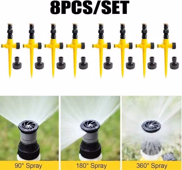 FLAVORA 8-Piece 360 Degree Automatic Circular Garden Water Sprinkler Set in Yellow – 1