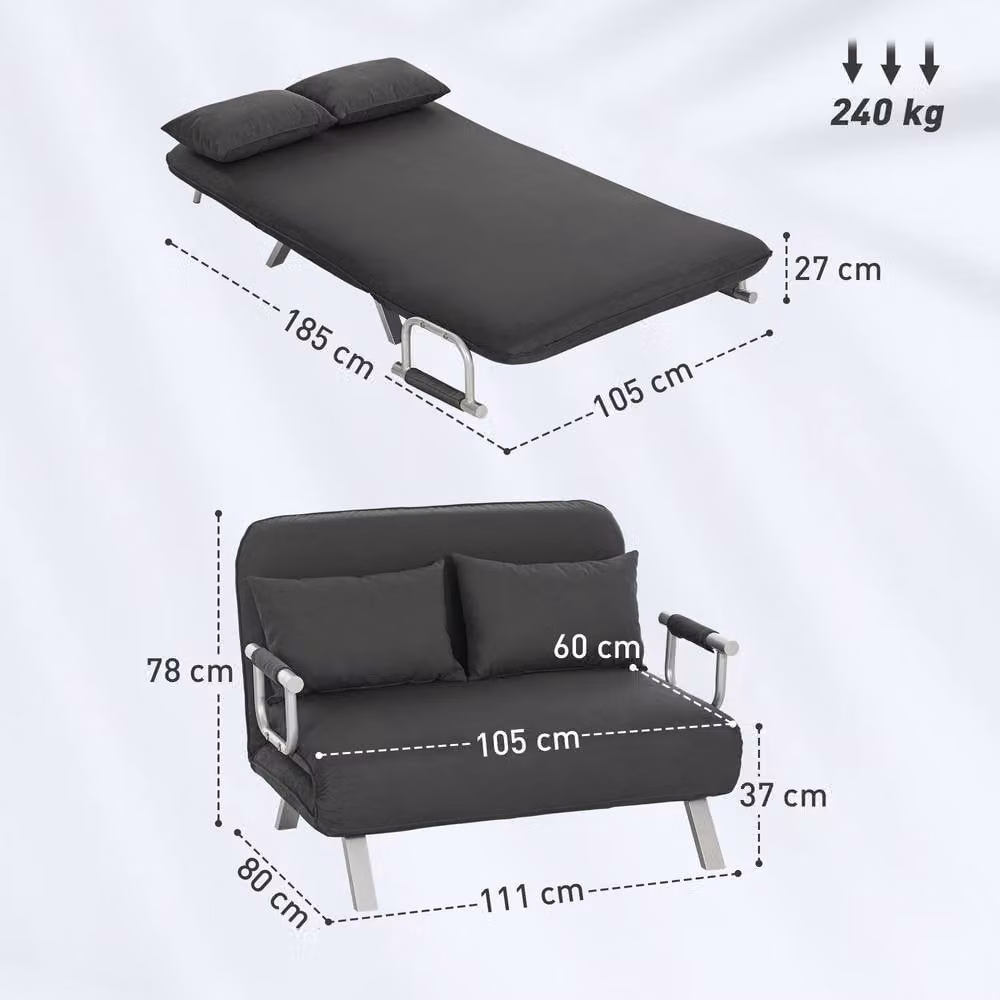 STILVORA Two-Seater Click-Clack Sofa Bed in Grey with Adjustable Headrest and Metal Frame – 2