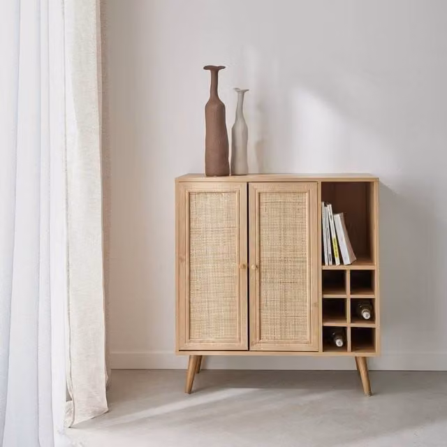 sweeek Scandinavian Sideboard with Bottle Holder in Brown Wood and Rattan, W/D/H: 88.5 x 39.0 x 83.0 cm – 1