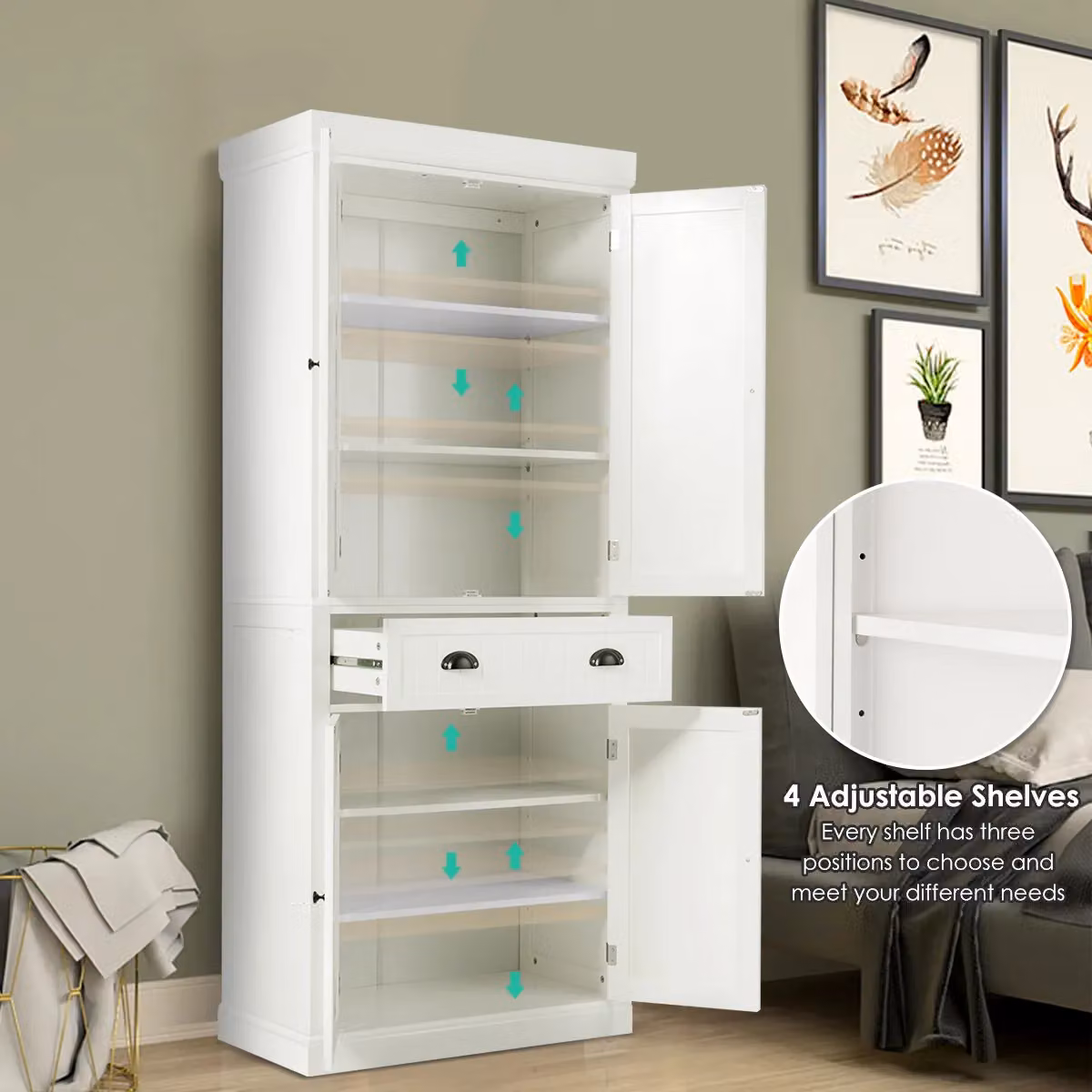 Gymax White Modern Kitchen Pantry Cabinet with 2 Hinged Doors and Internal Drawers, Height: 183 cm – 3