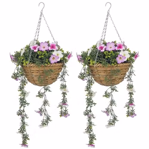 HOMCOM Set of 2 Artificial Hanging Baskets with Pink and White Silk Azalea Flowers