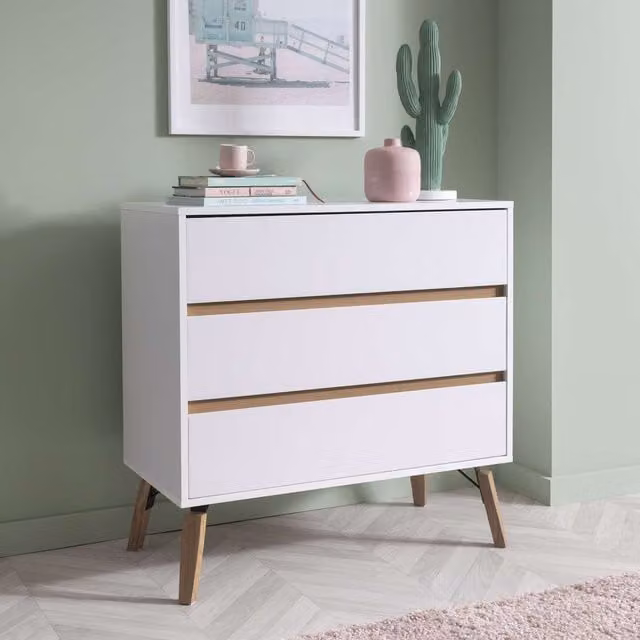Otto Mid-Century Wide 3 Drawer Chest of Drawers in White and Grey