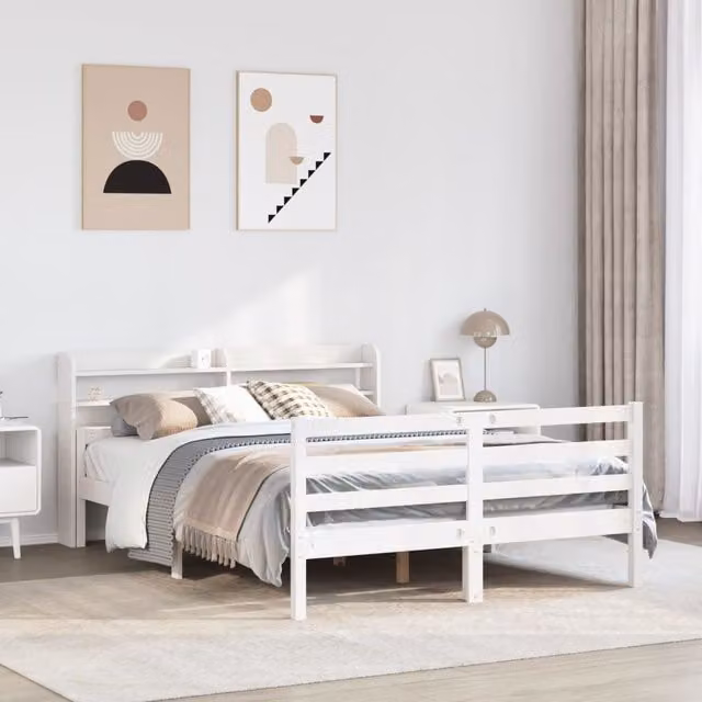 Berkfield Home Double Bed Frame with Headboard in White, W: 135 cm, L: 190 cm