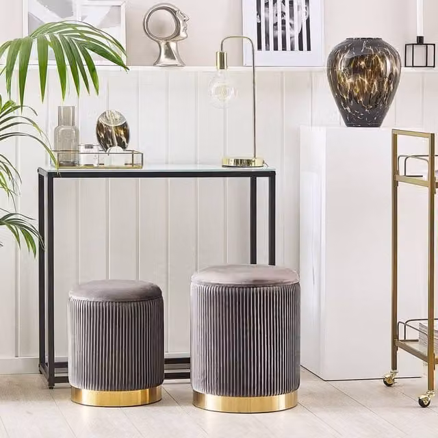 Wyld and Coco Set of 2 Grey Velvet Cylindrical Storage Pouffes with Gold Metal Base – 1