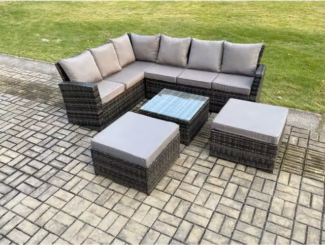Fimous 8-Seater Rattan Garden Corner Sofa Set with Square Tempered Glass Table in Dark Grey Mixed