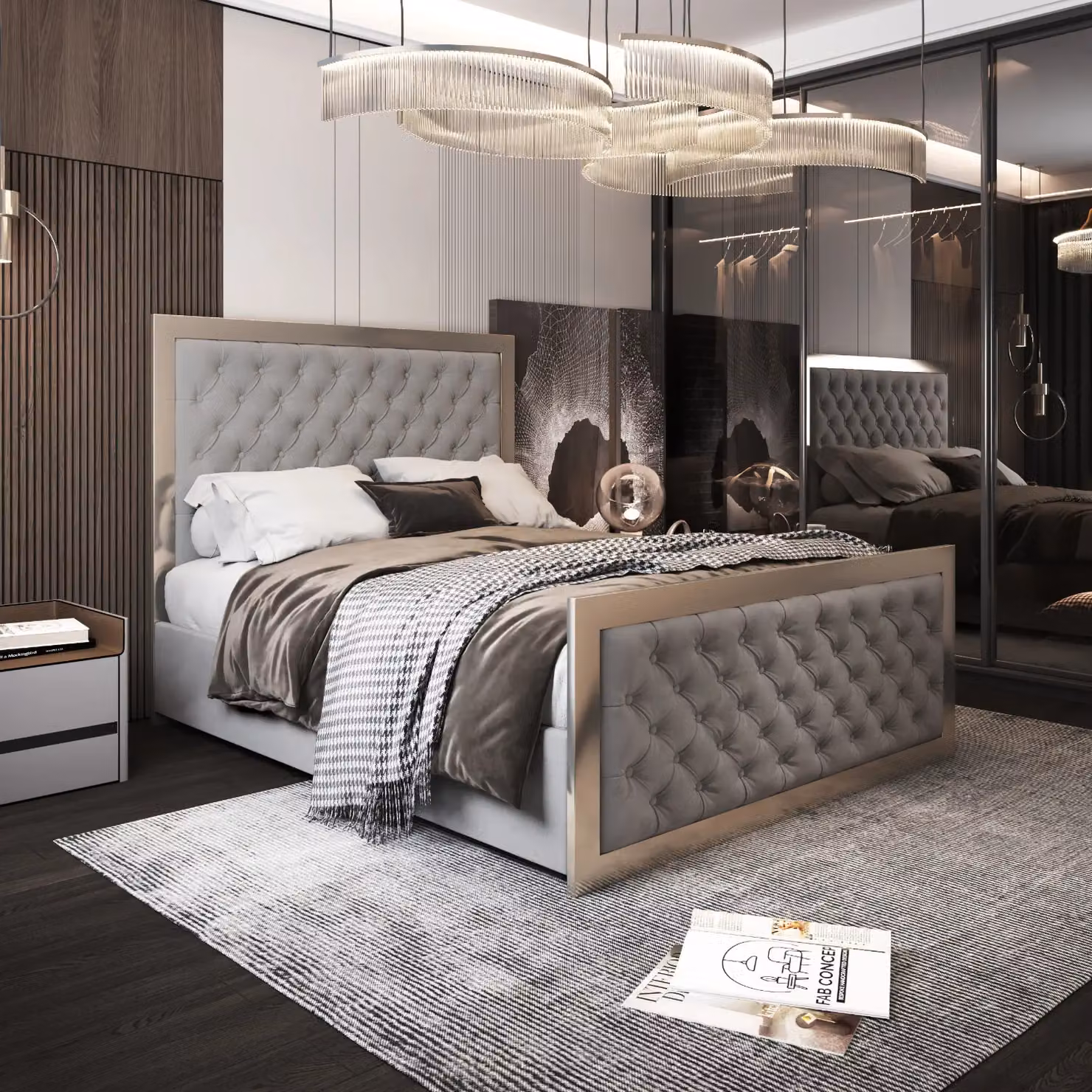 Casani KDMD Emia Upholstered Velvet Metal Designer Bed Frame in Grey and Black, W/D/H: 140 x 200 cm – 2