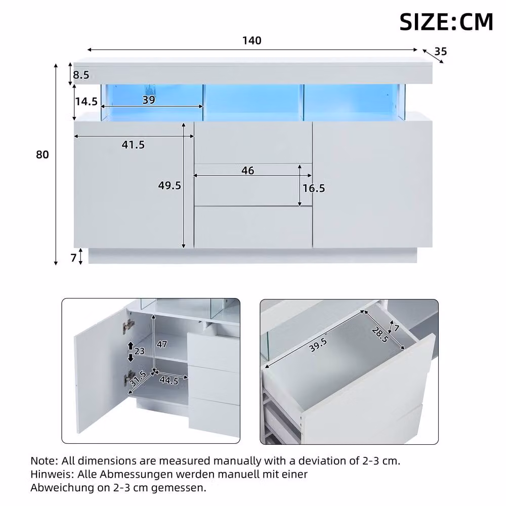 BTM High Gloss White Sideboard with Integrated LED Lights, Drawers and Adjustable Shelves, W: 140 cm, H: 80 cm, D: 35 cm – 3