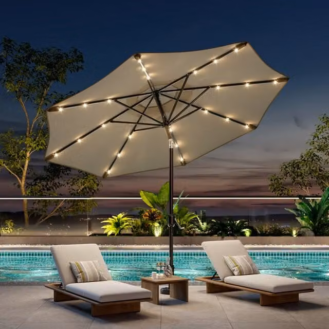 Breeins Beige Polyester Parasol with Crank and 24 Solar LED Lights