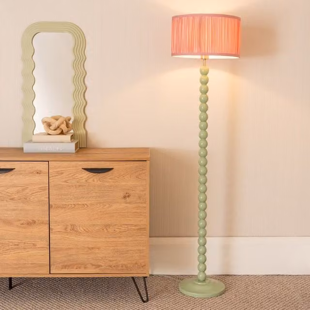 ValueLights Bobbins Sage Green Floor Lamp with Blush Pink Ruched Pleated Drum Shade and LED Bulb – 1