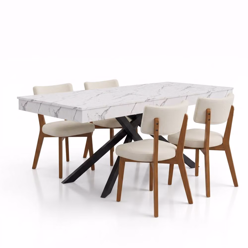 FENCHILIN Extendable Rectangular Marble Dining Table and 4 Mid-Back Upholstered Chairs Set in White – 2