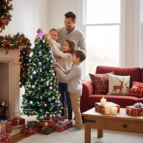 Shatchi 150 cm Green Fibre Optic Pre-Lit Christmas Tree with Multicolour Lights, Baubles and Star Topper – 2