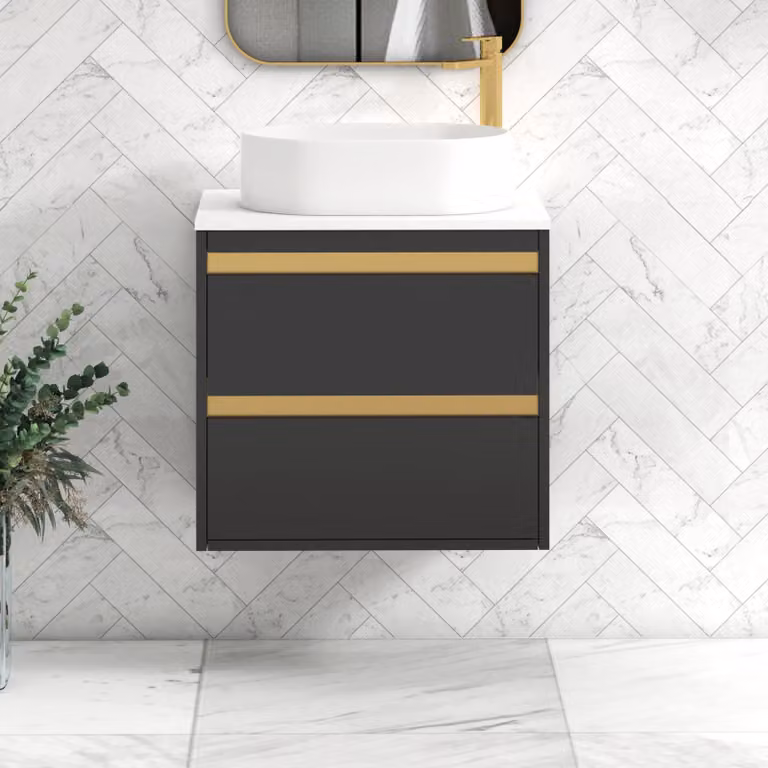Royal Bathrooms Orion 600mm Wall Hung Vanity Unit with Peak Basin in Matt Obsidian Black and White with Brushed Brass Accents