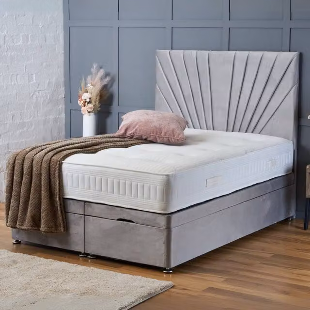 BSSPOKE Maria Ottoman Divan Bed with Mattress and Headboard in Silver Plush Velvet, W/D/H: 90 x 190 cm