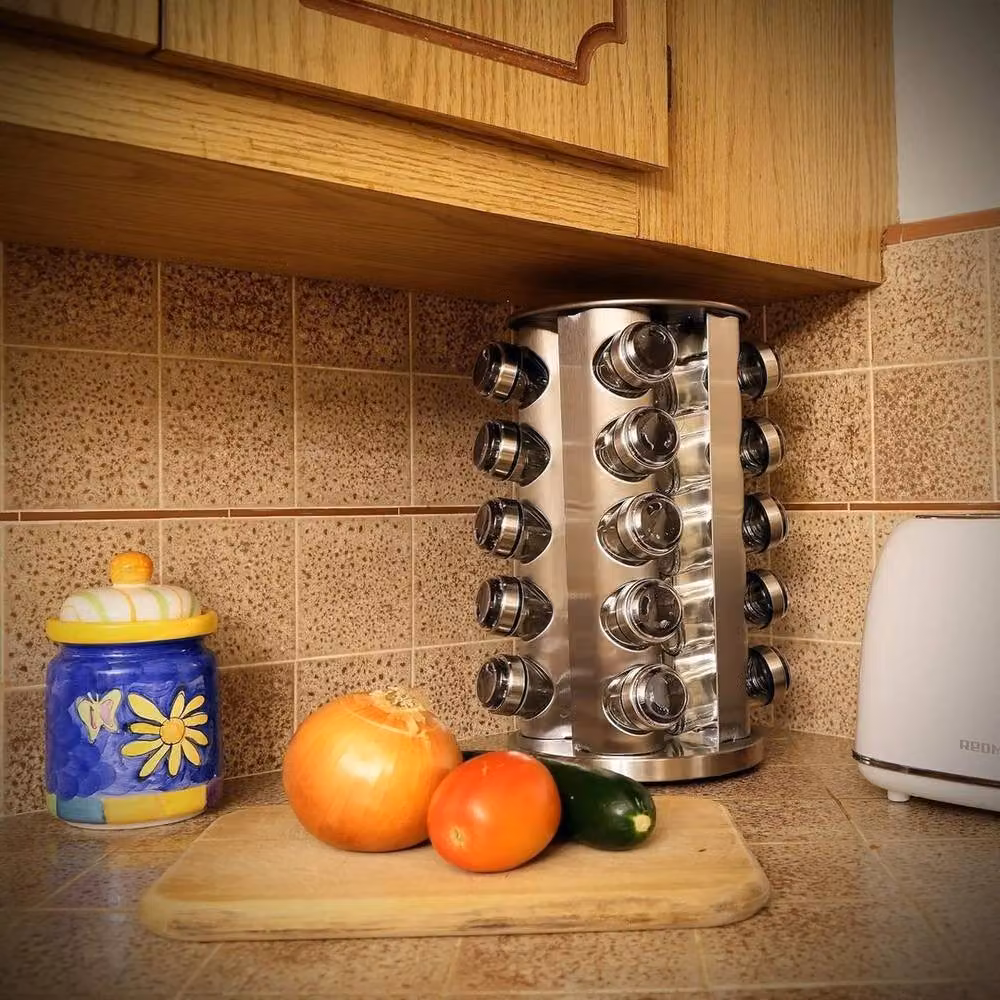 KORVIXA Stainless Steel Rotating Spice Rack with 20 Airtight Glass Jars in Silver – 4
