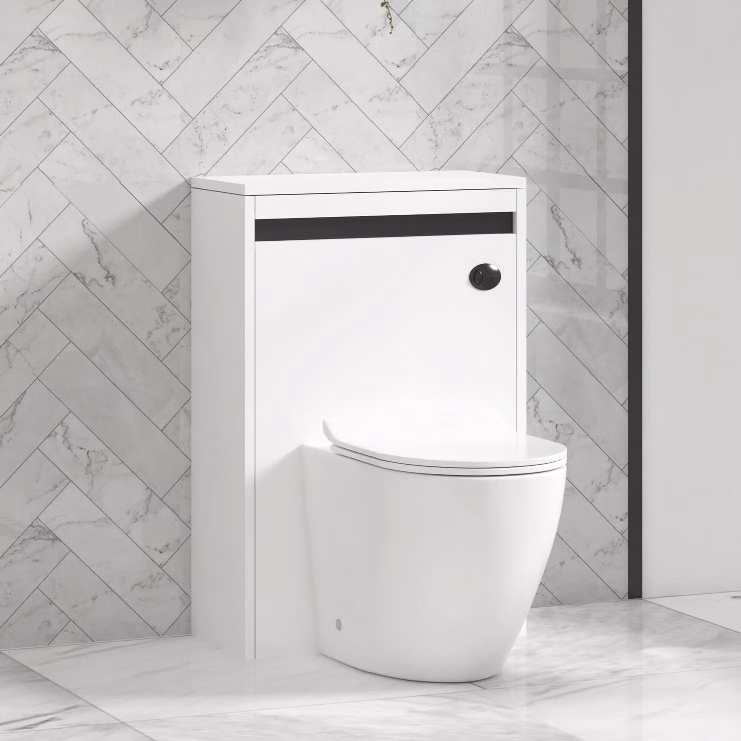 Royal Bathrooms Orion Matt White Wall Mounted WC Unit with Elva Rimless Ceramic Toilet Pan, Seat and Cistern, Black Accent Trim, Width: 54 cm