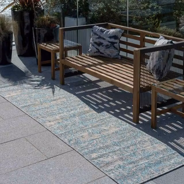 The Rug House Vintage Floral Flatweave Indoor Outdoor Rug in Blue, W: 240 cm, D: 60 cm