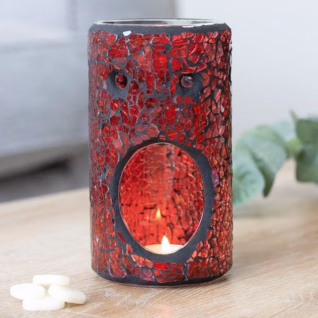 Something Different Red Glass Pillar Crackle Effect Oil Burner, H 14.5 cm x W 8 cm x D 8 cm