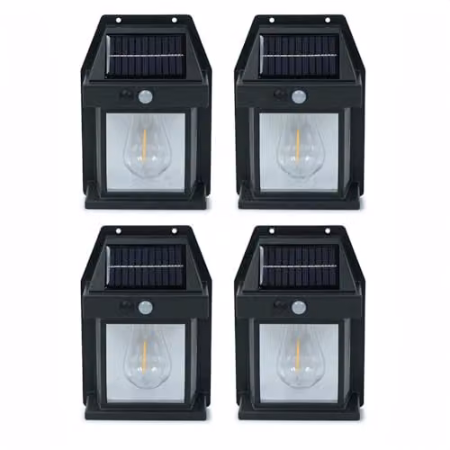 ValueLights Pack of 4 Black Lantern Solar Garden Fence Lights with PIR Motion and Dusk Sensors