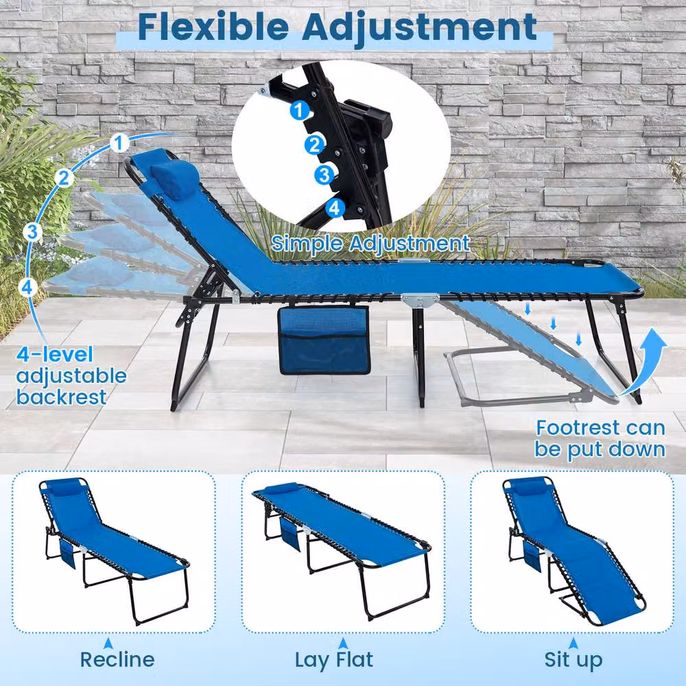 Costway Navy Blue Folding Patio Chaise Lounge Chair with Adjustable Headrest and Textilene Fabric – 6