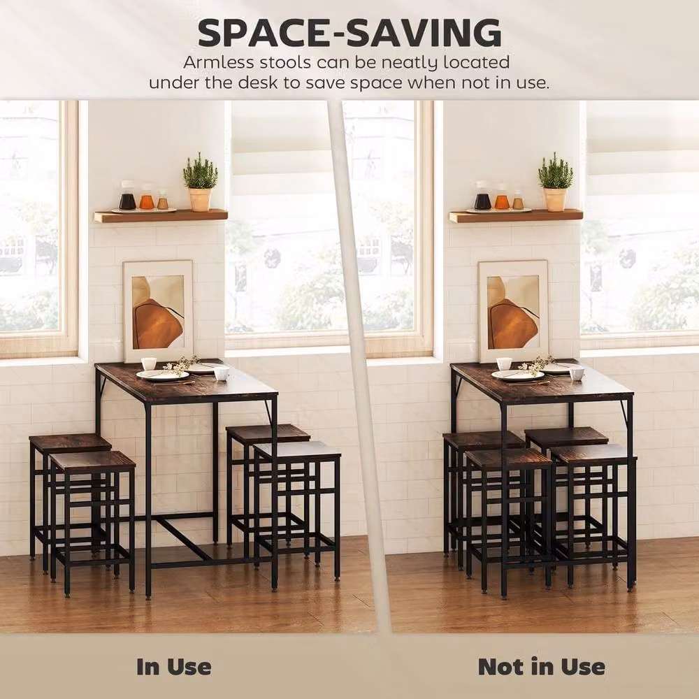 EONLION Industrial Rectangular Dining Table Set with 4 Stools in Brown Wood and Metal, Width: 100 cm – 4