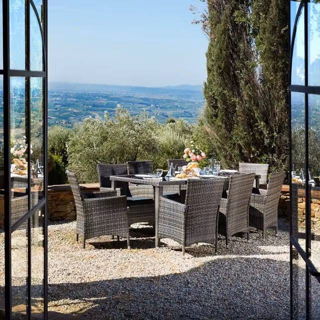 tectake Monaco 8-Seater Rattan Garden Dining Set with Rectangular Glass Table in Grey and Beige