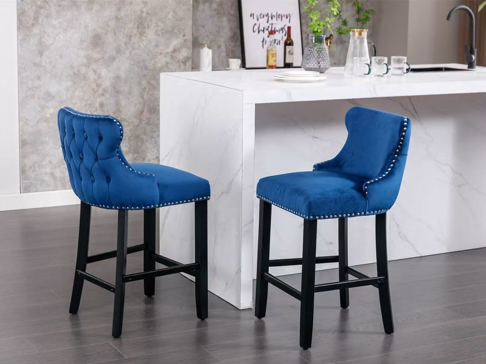 Modern Home Touch Winchester Luxury Velvet Upholstered Kitchen Dining Chairs with Pull Knocker Back and Oak Wood Legs, Blue, Pack of 4 – 2