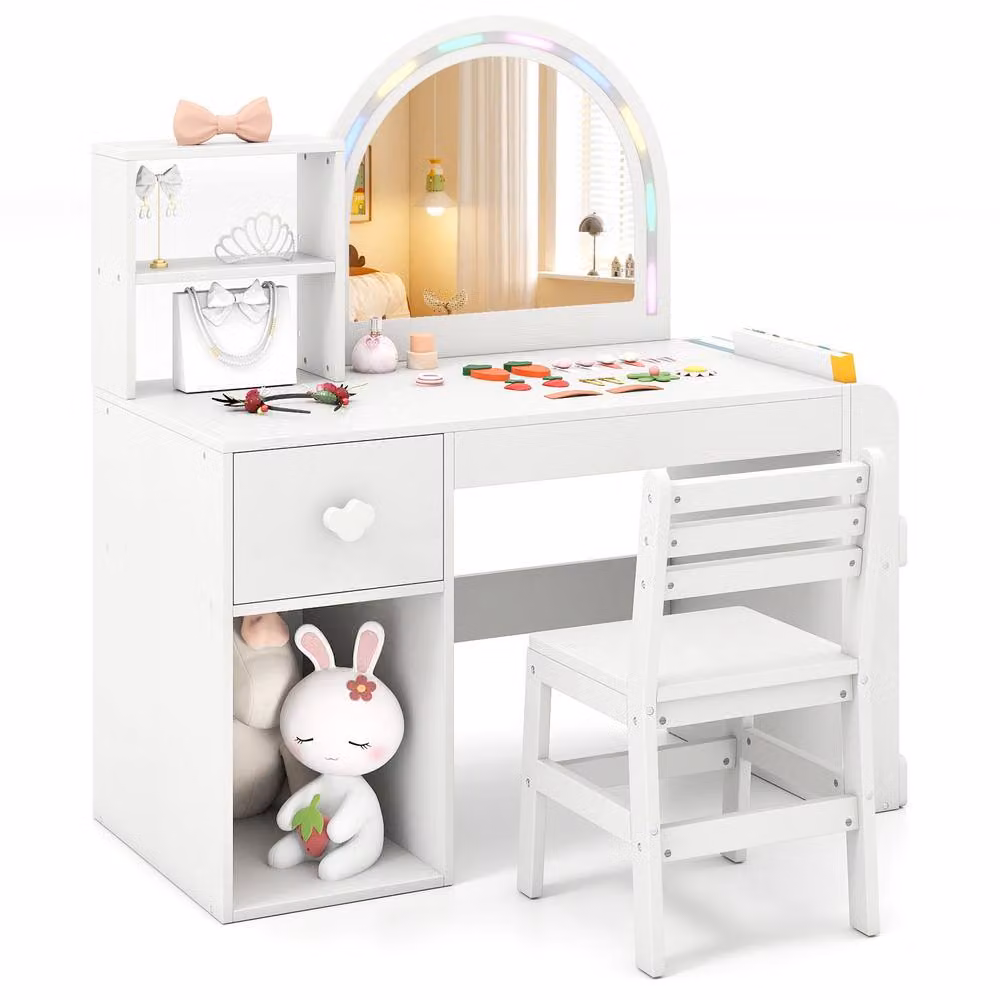 Costway Kids Vanity Table and Chair Set with Lighted Mirror in White – 2
