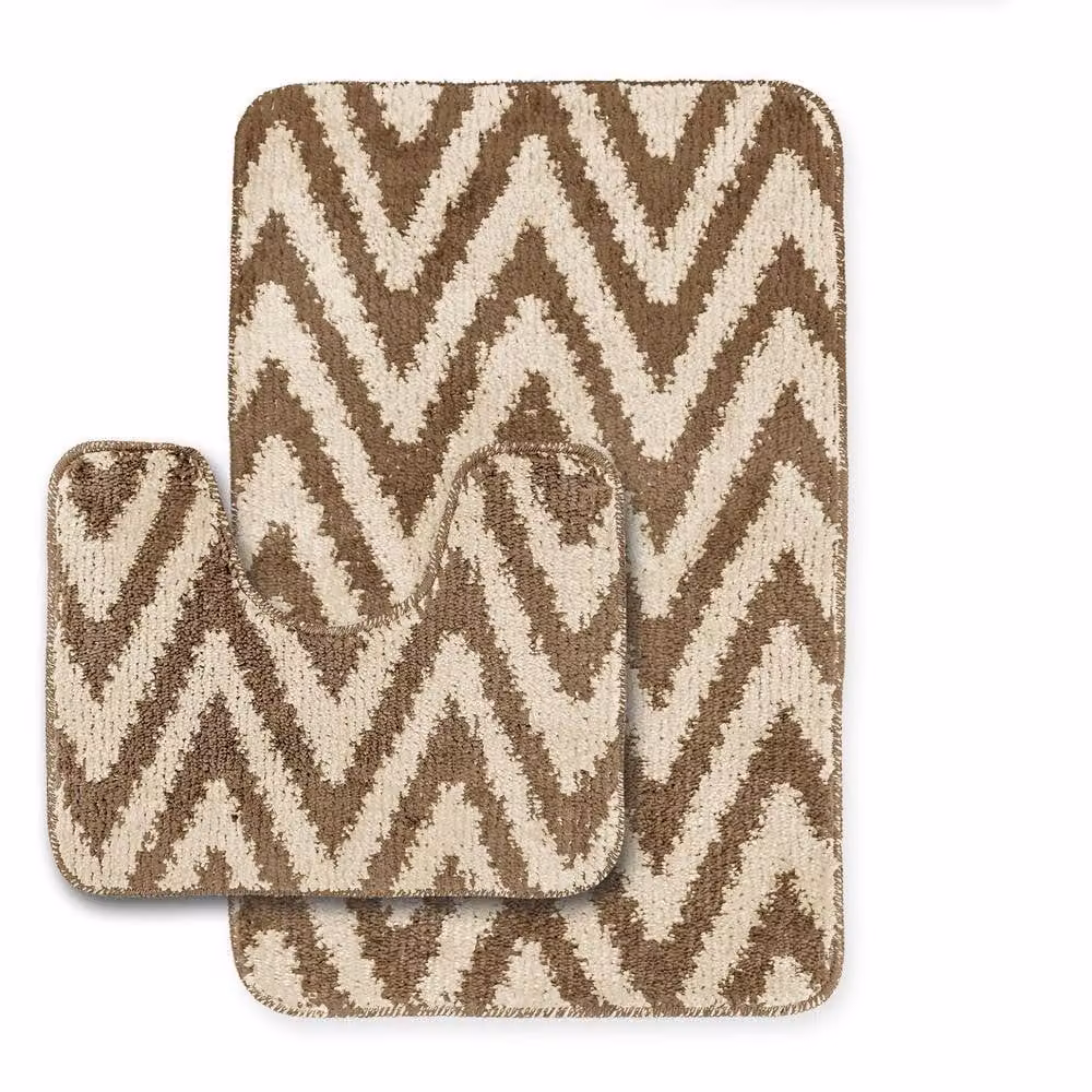 Velosso 2 Piece Chevron Stripe Bath and Pedestal Mat Set in Beige – 2