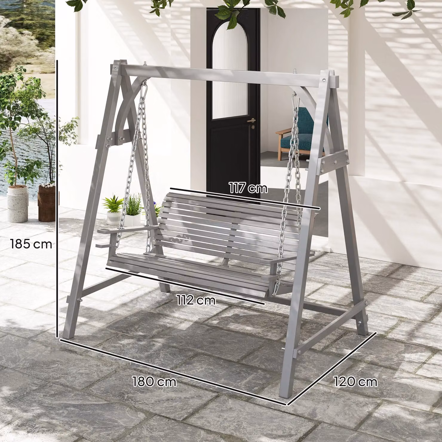 OUTSUNNY 2 Seater Grey Lacquered Larch Wood Garden Swing Seat Hammock Bench with Armrests and Side Trays – 3