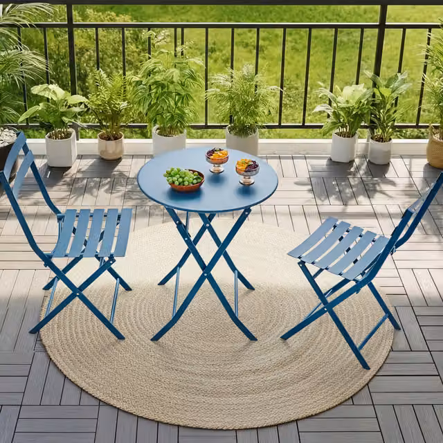 Yaheetech Set of 3 Blue and White Powder Coated Steel Outdoor Folding Bistro Set with Round Tables and X-Frame Chairs