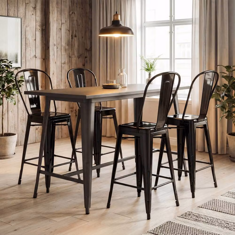 Costway Modern Black Metal Counter Height Barstools with Backrests and Footrests – 6