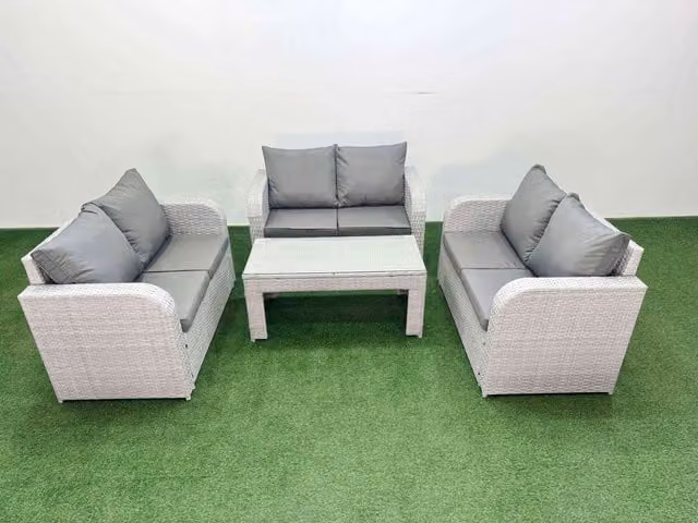 Fimous 6 Seater PE Wicker Rattan Garden Furniture Set with Oblong Coffee Table and 2 Seater Love Sofa in Light Grey