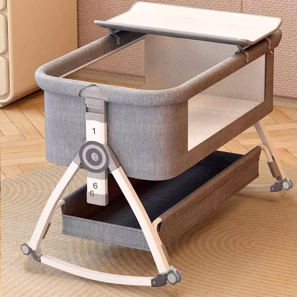 VOGREX Adjustable Height Baby Bedside Sleeper Crib with Breathable Mesh and Drop Side in Grey – 3