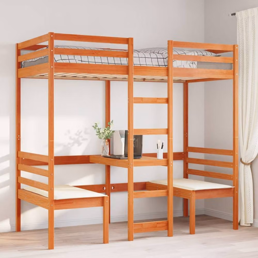 Berkfield Home Loft Bed Frame with Desk and Chairs in Wax Brown Solid Pine Wood, W/D/H: 80 x 200 cm – 2