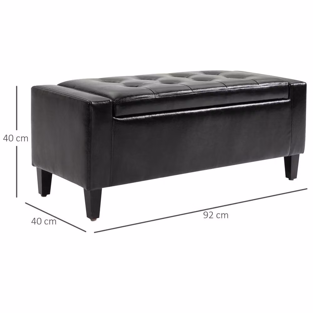VOGREX Black Tufted PU Ottoman Bench with Wood Frame Feet, W: 90 cm, D: 40 cm, H: 40 cm – 2
