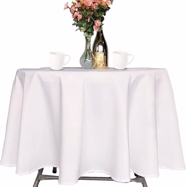 Trimming Shop Plain White Round Linen and Polyester Wedding Tablecloth