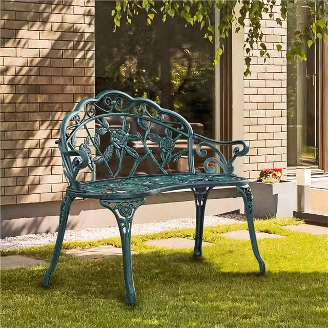 Yaheetech Antique Green Metal Outdoor Patio Bench with Floral Rose Pattern