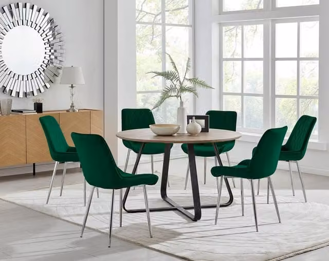FurnitureboxUK Santorini Brown Round Dining Table and Pesaro Green Chairs with Silver Legs