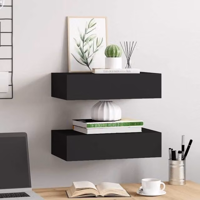Berkfield Home Wall-mounted Drawer Shelves, 2 Piece Set in Black MDF, W: 40 cm, D: 23.5 cm, H: 10 cm – 1