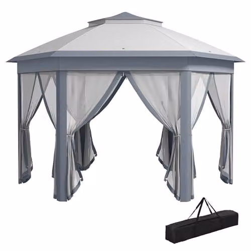 Outsunny Grey Hexagon Pop Up Garden Gazebo with Metal Frame, W: 3.4 m, D: 4.05 m, H: 2.85 m – 1