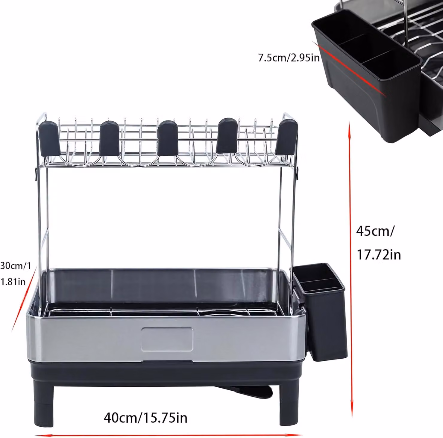Xample 2-Tier Dish Drying Rack with Drip Tray and Cutlery Holder in Black – 2