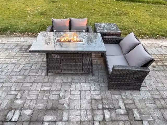Fimous 4 Piece Poly Rattan Garden Furniture Set with Gas Firepit Dining Table and Sofa in Dark Grey