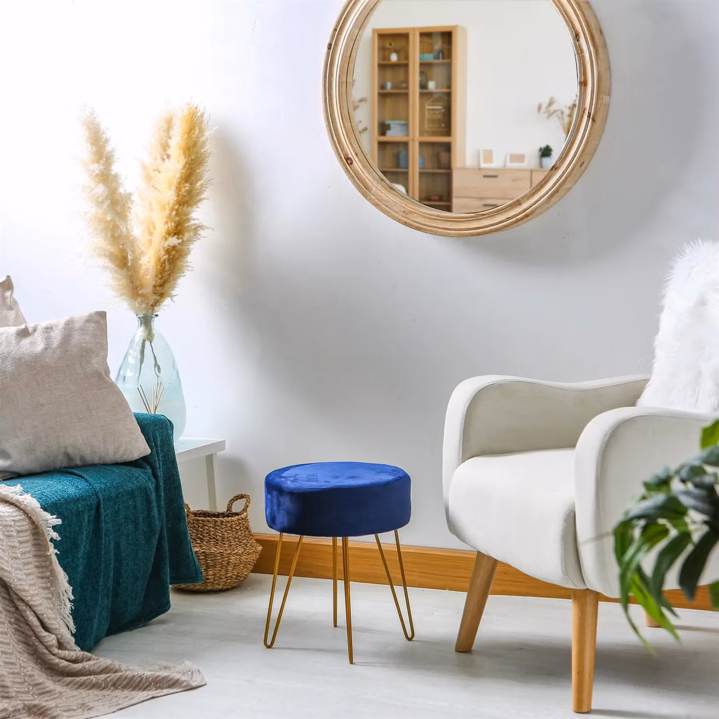 Harbour Housewares Round Blue Velvet Footstool with Gold Hairpin Legs, H40 x D35 cm – 5